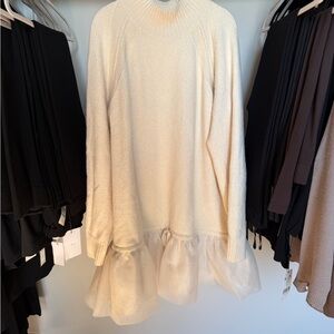 Anthropologie Cream Sweater Dress with Tulle Hem — Large, Gently Worn